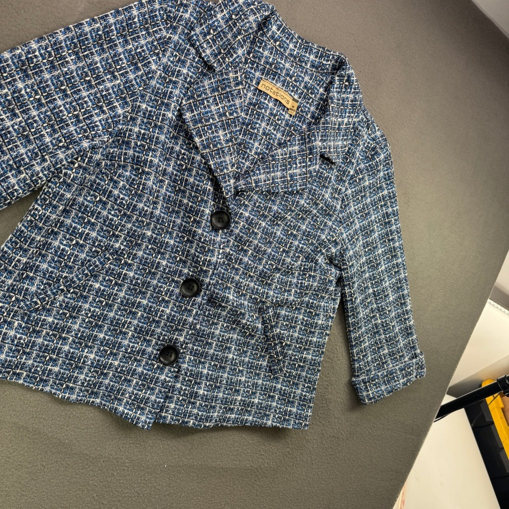 Vintage Notations Jacket Women M Blue Tweed Boucle Knit Blazer Plaid 3/4 Sleeve - Picture 9 of 9
